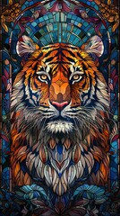A tiger is the main subject of this colorful and intricate stained glass artwork