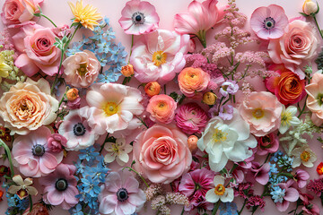 Creative flower layout with various flowers lying flat on a pink surface