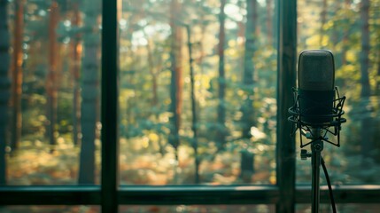 Microphone In front of a window with a view of a forest for music or recording themed designs