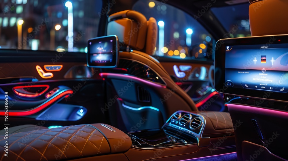 Poster a view inside a vehicle with a prominently displayed large screen console.