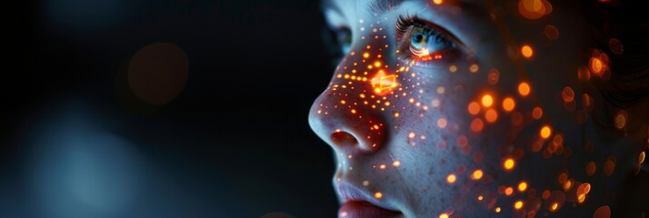 Close-up portrait of a young girl with radiant skin illuminated by a computer screen glow