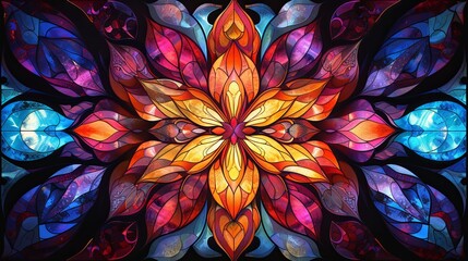 A colorful stained glass flower with a yellow center