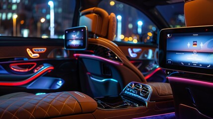 A view inside a vehicle with a prominently displayed large screen console.