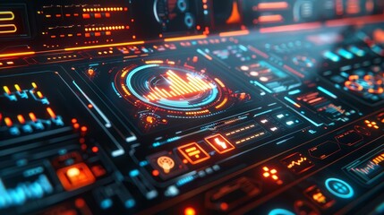 Fototapeta premium A futuristic AI interface displaying secret corporate strategies, with holograms and virtual charts, Scifi, Digital, Neon colors