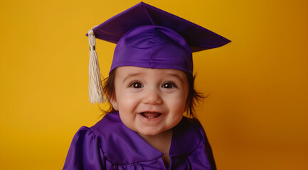A cute baby wearing a purple graduation gown and cap against a yellow background in a studio photography setting, with a happy expression and professional studio lighting, soft shadows and clean sharp