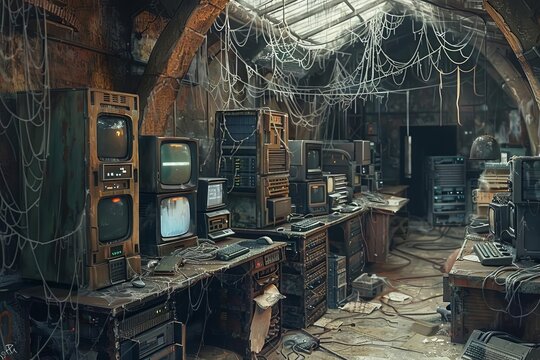 A forgotten warehouse filled with outdated computers and cobwebcovered servers, steampunk, earthy tones, digital painting