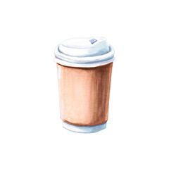 Paper cup with lid for tea and coffee in watercolor illustration on a white background. Hand drawn coffee cup illustration for coffee shop, menu, cookbooks, coffee brand logo,