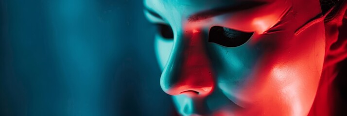 Close-up of a womans face with a red light illuminating her features, wearing a mask symbolizing individuality