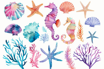 Watercolor drawings of various sea plants and corals reef
