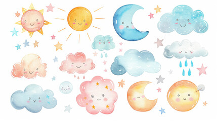 Set of cute watercolor clouds and suns with a smiling moon, weather concept