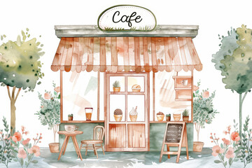 Cafe coffeehouse exterior watercolor illustration