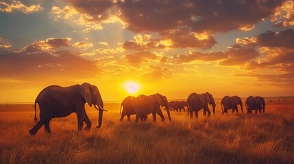Obraz premium herd of elephants walking across dry grass field at sunset african wildlife landscape