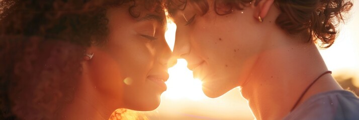 Closeup of a young couple kissing tenderly, faces bathed in golden hour sunlight - Powered by Adobe