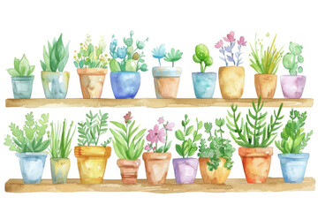 Fototapeta premium A row of potted plants on shelf, houseplant container garden watercolor painting