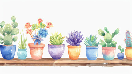 A row of potted plants on shelf, houseplant container garden watercolor painting