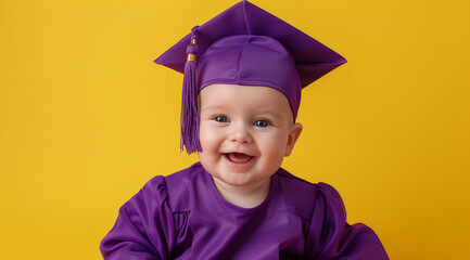 A cute baby wearing a purple graduation gown and cap against a yellow background in a studio photography setting, with a happy expression and professional studio lighting, soft shadows and clean sharp