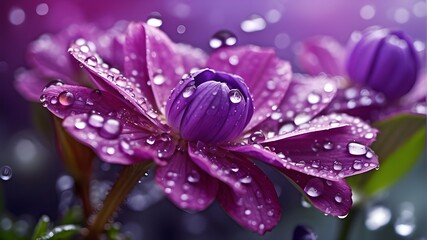 Beautiful bright purple flower in drops of morning dew