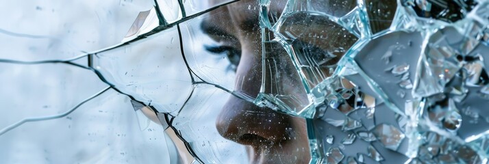 A womans face is visible through a shattered glass window, symbolizing fragmentation and distortion