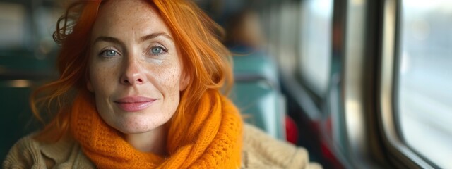 Obraz premium red hair woman on public transport. authenticity and uniqueness concept. banner
