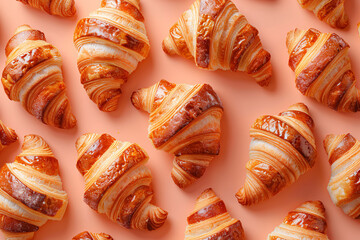 Fresh croissants on a pink surface, delicious pastry pattern
