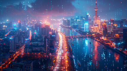 Fototapeta premium Oriental Pearl, Bund, Shanghai, Cyberpunk, information flow, technological lines, night, overlooking Angle, vista,generative ai