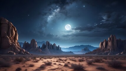 night sky and moon over desert landscape