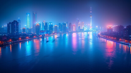 Fototapeta premium Oriental Pearl, Bund, Shanghai, Cyberpunk, information flow, technological lines, night, overlooking Angle, vista,generative ai