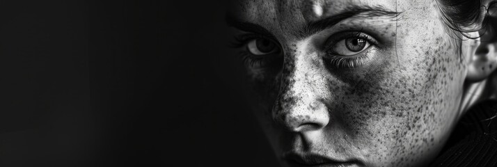 Black and white portrait of a woman with freckled hair, her expression evoking mystery and intrigue