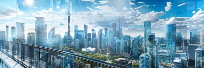 A futuristic cityscape featuring towering skyscrapers and a modern bridge connecting different...