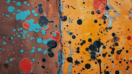 Grunge splatter texture with vibrant paint drops on a rusty metal surface, bold and industrial