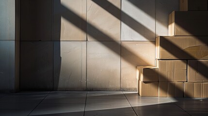 Minimalist cardboard boxes against a wall with sunlight for product display
