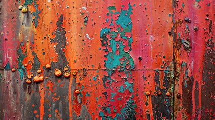 Grunge splatter texture with vibrant paint drops on a rusty metal surface, bold and industrial