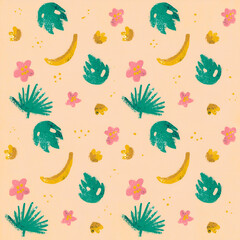 Obraz premium Tropical Floral Banana Seamless Pattern. Raster Illustration of Exotical Natural Texture. Leaf and Flower.