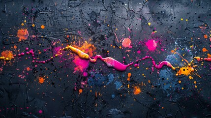 Grunge splatter texture with neon paint splashes on a dark