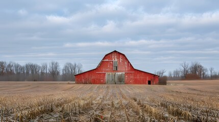 Rustic old barn surrounded by grassland and forest landscape.