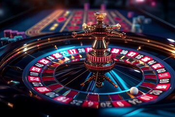 Closeup of a spinning casino roulette wheel with vibrant colors and dynamic lighting
