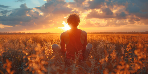 Obraz premium man in strapless shirt, red t-shirt, in a large soybean field,generative ai
