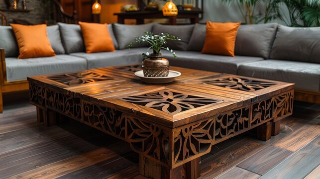 rustic furniture, this handcrafted wooden pallet coffee table features intricate detailing, enhancing your living room decor with elegance - Powered by Adobe