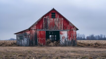 Obraz premium Rustic old barn surrounded by grassland and forest landscape.