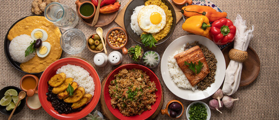 Buffet table full of lunch assorted dishes Peru Peruvian food