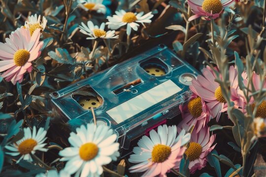 Retro music cassette tape lies nestled in a bed of pink and white daisy flowers - Powered by Adobe