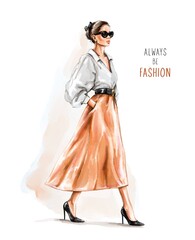 Watercolor beautiful fashion woman in sunglasses. Stylish girl in skirt. Fashion look. Fashion illustration 