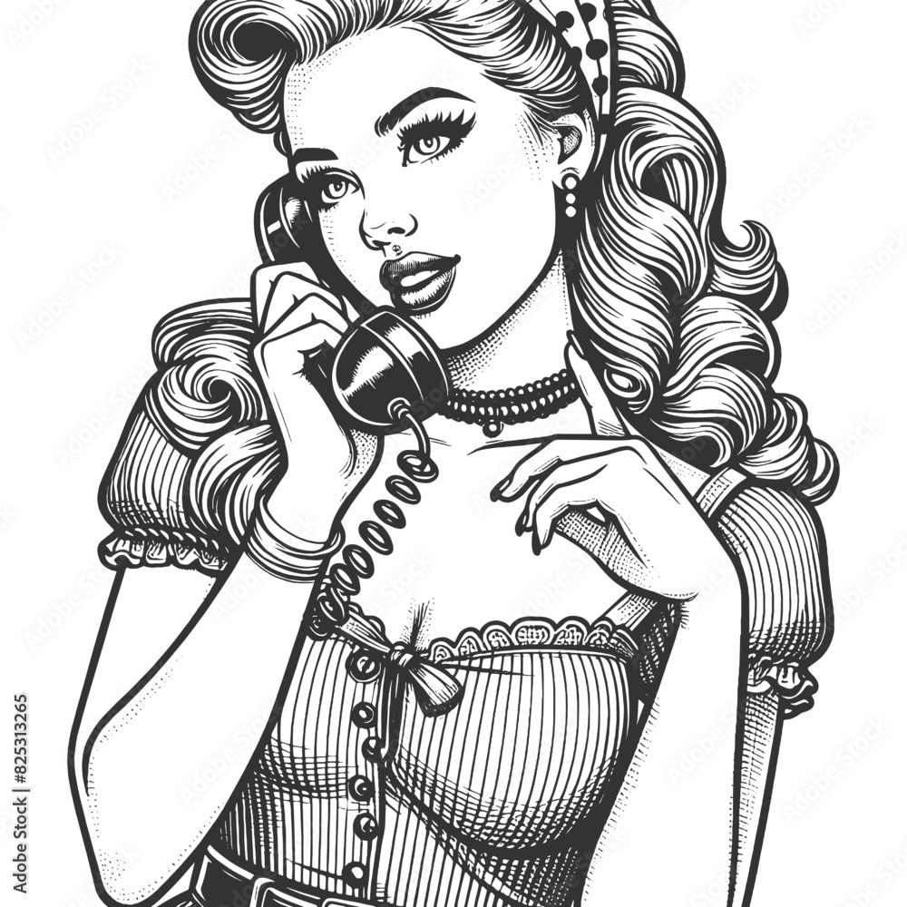 Wall mural retro-style pin-up girl elegantly talking on a classic rotary dial telephone sketch engraving generative ai fictional character vector illustration. Scratch board imitation. Black and white image. - Wall murals