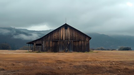 Obraz premium Rustic old barn surrounded by grassland and forest landscape.