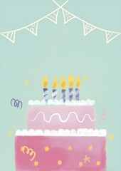 Greeting Card Happy Birthday Cake. Raster Illustration of Celebration Holiday Background. Watercolor Cute Anniversary with Candles.