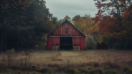 Fototapeta premium Rustic old barn surrounded by grassland and forest landscape.