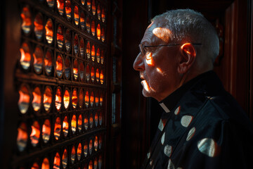 Christian priest sits in a confessional booth within a traditional church, softly lit by the serene glow of candlelight