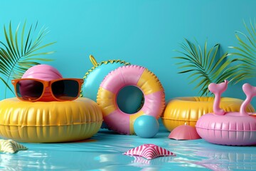 summer elements for relax and vacation made of inflatable items on blue background in style of 3d. playful design concept.