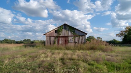 Obraz premium Rustic old barn surrounded by grassland and forest landscape.
