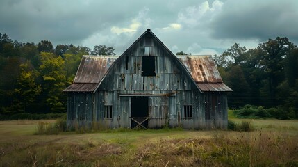 Fototapeta premium Rustic old barn surrounded by grassland and forest landscape.